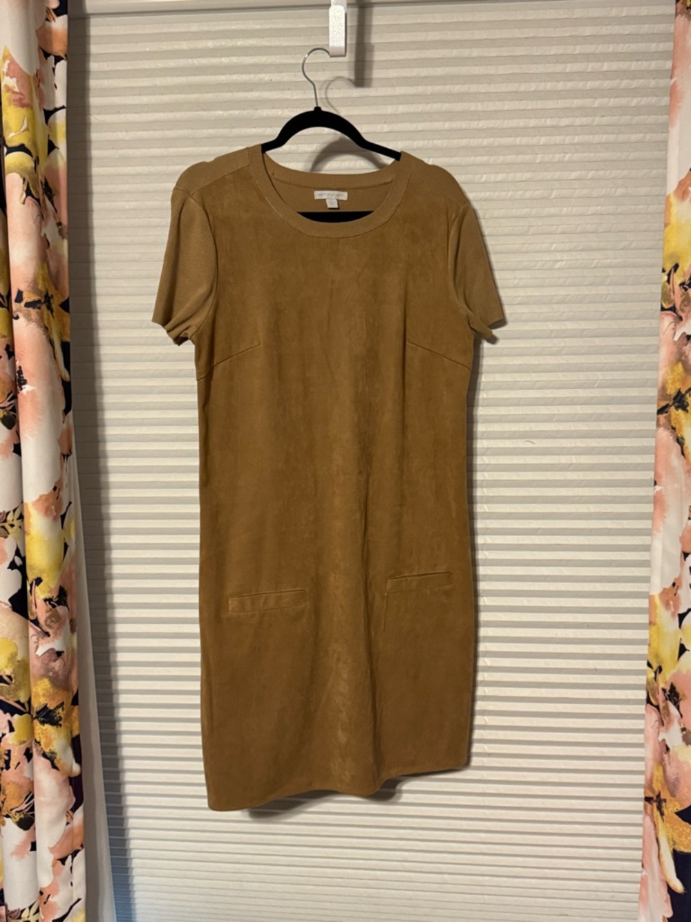 New York & Company Camel Faux Suede Short Sleeve Shift Dress